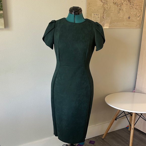 Calvin Klein Dark Green Suade Cocktail Midi Dress - Picture 1 of 4